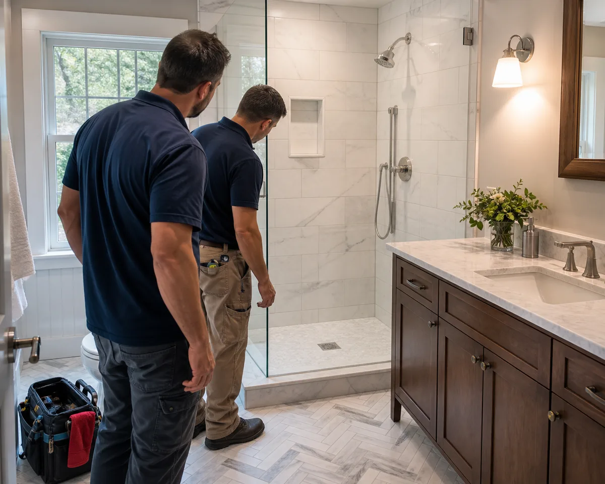 AM King Remodeling team reviewing a finished bathroom tile installation