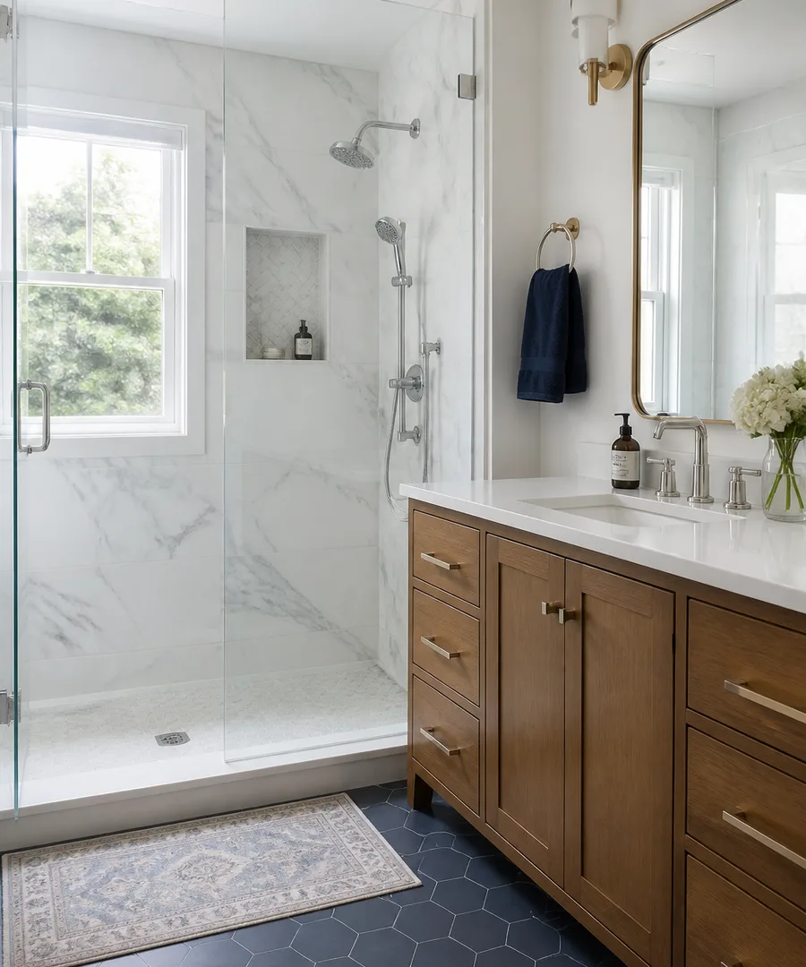 Completed bathroom remodel with glass shower and custom vanity