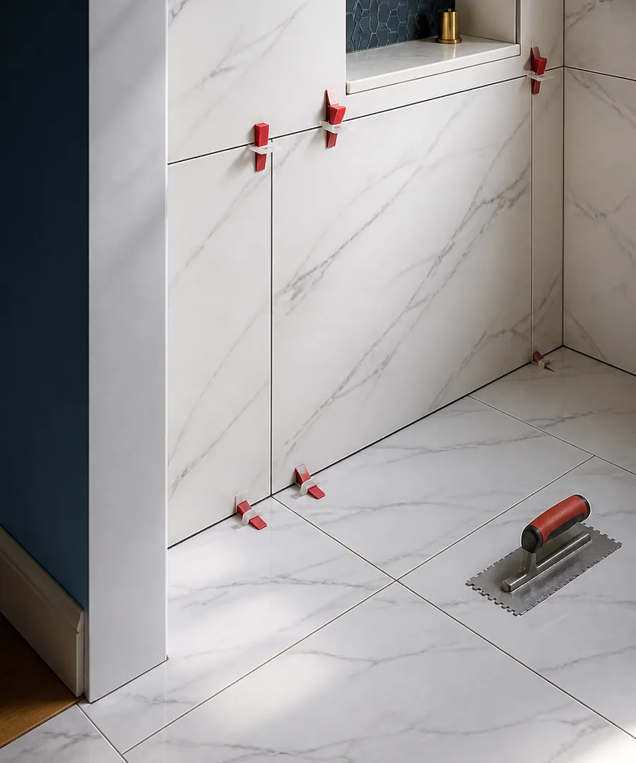 Precision porcelain tile installation with clean grout lines